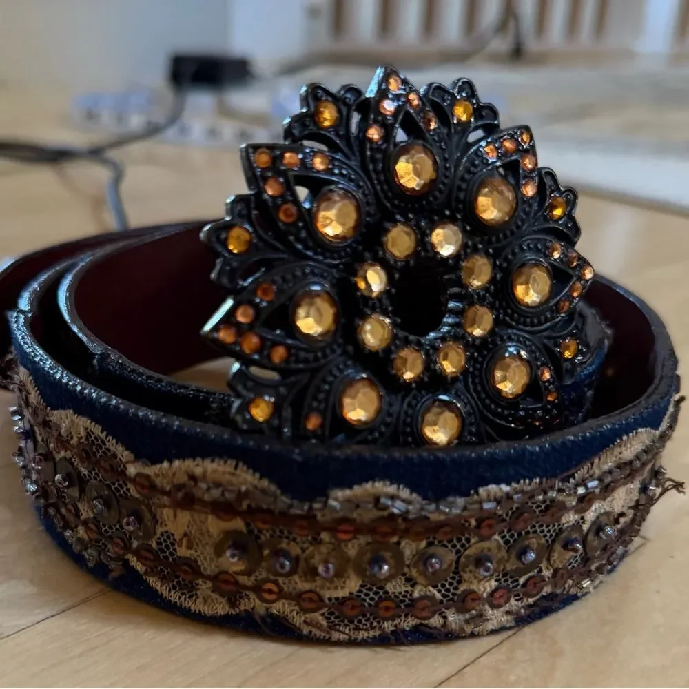 Chico's Embellished Round Buckle Leather Belt In Brown M NWOT